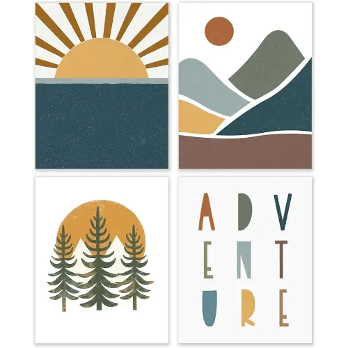 BESERH Boho Nursery Adventure Wall Art Set of 4, Adventure Nursery Decor, Boho Sun Woodland Mountain Forest Posters Wall Decor for Baby Toddler Boy Girl Room Nursery Playroom, 8x10 Inches Unframed