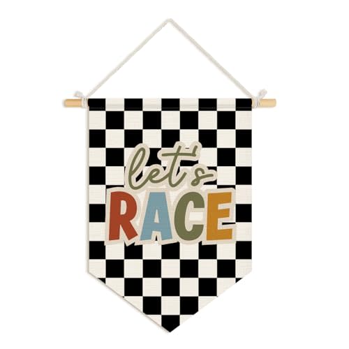 Wheatwin Toddler Boys Room Decor, Race Car Playroom Wall Decor for Kids Nursery Bedroom, Let's Race Black Checkered Wall Hanging Pennant Flag Banner, 15x11 Inch
