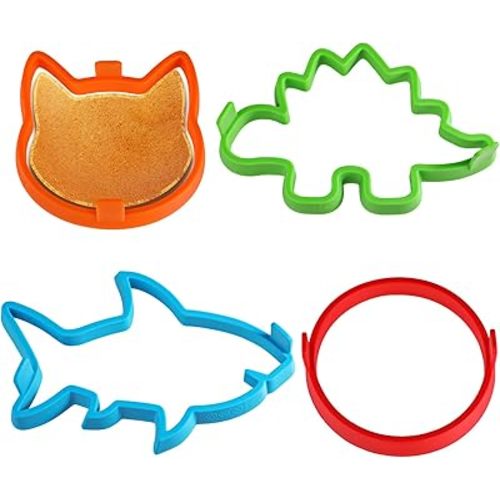 Kamehame Silicone Pancake Molds for Shark, Round, Cat, Dinosaur Shape Pancakes, 4 Pack Nonstick Pancake Shaper for kids, Fun Shapes Cake Ring Mold for Griddle Cooking