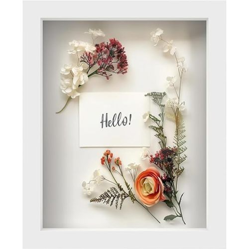 FrameWorks 8” x 10” White Wooden Shadow Box Frame – Display Case with Soft Felt Back, Memory Box with Tempered Glass, Display Box with Elegant White Ball Push Pins, Wooden Flower Box