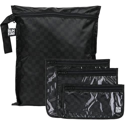Bumkins Waterproof Wet Bag and Packing Pouches, TSA Airline Compliant, Pack for Baby, Travel, Swim Suit, Cloth Diapers, Pump Parts, Pool, Gym Clothes, Toiletry, Daycare, Zip Bag, 4-pc Set Black Check