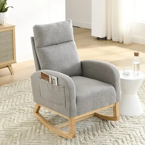 Nursery Rocking Chair with Solid Wood Legs, Glider Chair for Nursery with Two Side Pockets, Rocker Armchair for Living Room Bedroom (Grey, Teddy Fabric)