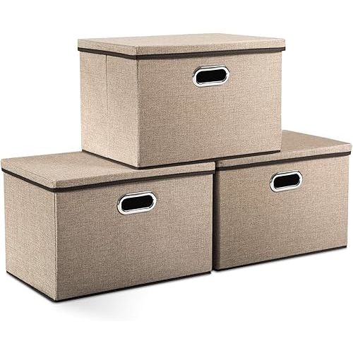 PRANDOM Large Collapsible Storage Bins with Lids [3-Pack] Jute Fabric Foldable Storage Boxes Organizer Containers Baskets Cube with Cover for Home Bedroom Closet Office Nursery (17.7x11.8x11.8)