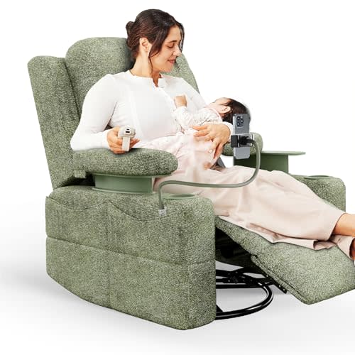 MAMAZING Rocking Chair Nursery with Adjustable Armrests, Electric Glider Recliner Nursing Chair for Breastfeeding, Power Swivel Recliner Chairs with USB Port and Storage, FSC Certified (Moss, Fabric)