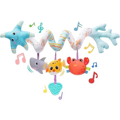 Jollybaby Crib Stroller Car Seat Toys for Baby 0-3-6-9-12 Months, Tummy Time Hanging Sensory Toys for Newborn with Music Box and Teether, Spiral Carseat Toy for Infant Boy Girl Gifts (Blue and White)