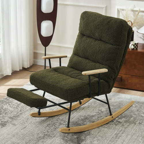 Modern Teddy High-Back Glider Rocking Chair with Retractable Footrest and Adjustable Back Angle for Nursery, Living Room, Bedroom, Green