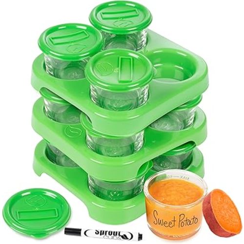 Glass Baby Food Storage Containers w Write What You Want Lids (12 Pk) - 2oz Jar Includes Lids, Storage Tray, Dry-Erase Marker - Microwave, Freezer, Dishwasher Safe - BPA & Phthalate Free