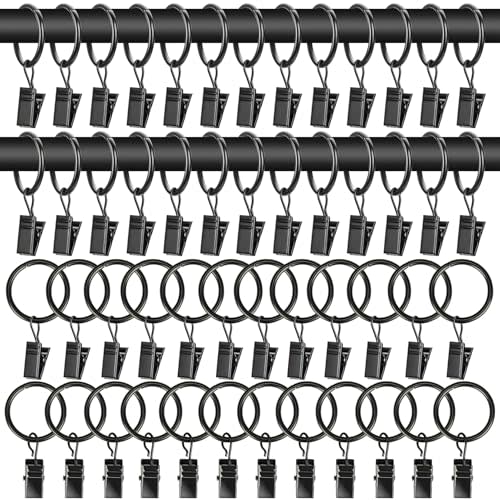 50PCS Curtain Rings with Clips - Curtain Clips Black Drapery Rings with Fasteners 1.26 inch Interior Diameter Rod Metal Fasteners for Decoration Craft Dispaly