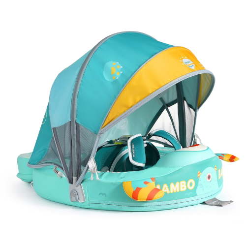 Mambobaby Non-Inflatable Baby Pool Float with Tail and Canopy UPF 50+ Sun Protection No Flip Over Infant Swim Float Skin-Friendly Mambo Float Swim Trainer Solid Baby Swimming Ring Foldable Style