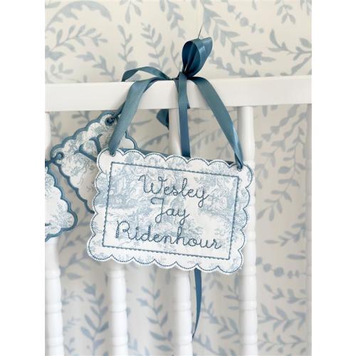 Personalized Blue Toile Baby Name Sign – Embroidered Newborn Announcement Door Hanger, Custom Applique Nursery Decor, Boy Baby Shower Gift