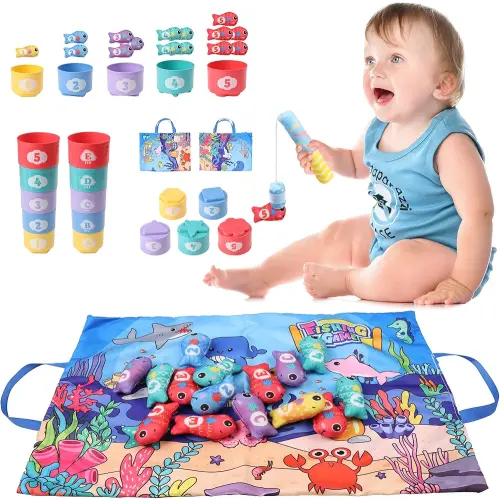 Toddler Toys Montessori Toys for 1-2 Year Old Boy Toys Girl Birthday Gift,Cloth Fishing Game Set Learning Toys for Toddlers 1-3 with Stacking Cups,Number Counting,Color Sorting Baby Toys