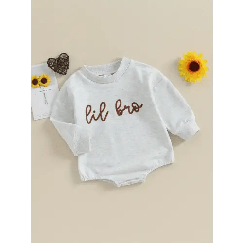Newborn Infant Baby Boy Romper Bubble Long Sleeve Lil Bro Embroidery Bodysuit Oversized Sweatshirt Casual Sweater Tops One-Piece Fall Winter Clothes