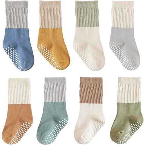 J Poqobog Baby Girls Boys Socks infant Cotton Crew Socks for newborn Non Slip/Anti Skid Toddler Knee-high Socks set - Blue -Non Slip - 0-6 Months