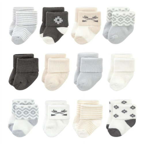 Hudson Baby Cotton Rich Newborn and Terry Socks, Gray Arrows 12-Pack, 0-6 Months