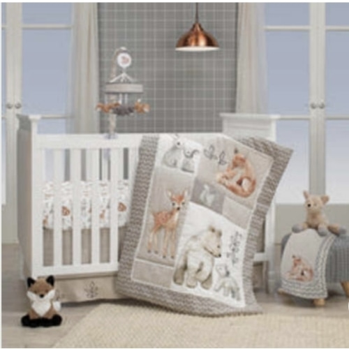 Painted Forest Gray/Beige Woodland Animals 4-Piece Nursery Baby Crib Bedding Set – Lambs & Ivy