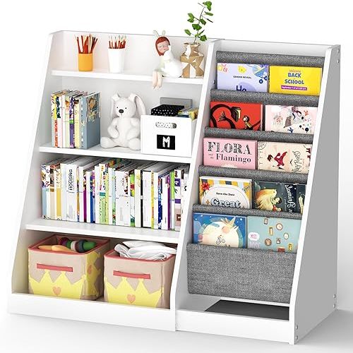 4 Tier Kids Wooden Bookshelf, Nursery Book Shelves with Storage, Montessori Bookshelf with Sling Book Rack, Book and Toy Organizer Cabinet Chest for Kids, Children, Toddlers