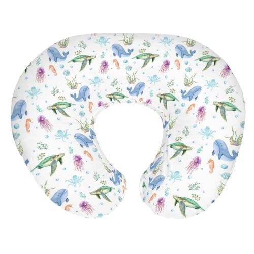 Boho Sea Animals Baby Nursing Pillow Covers for Boy Girl Sea Horse Turtle Whale Jellyfish Coral Nursing Pillow Slipcovers for Breastfeeding Pillows Soft Stretchy Removable Covers for Newborn Infant