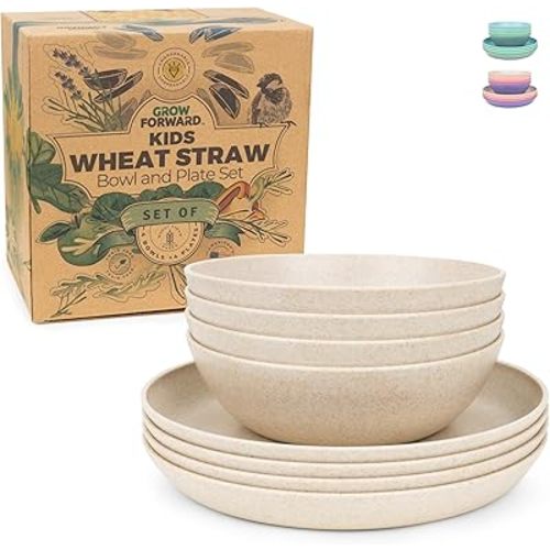 Grow Forward Wheat Straw Kids Plates and Bowls Sets - 8-Piece Unbreakable Dishwasher & Microwave Safe Plastic Plates for Kids - Reusable Non Toxic BPA-Free Dinnerware for Children - Sahara