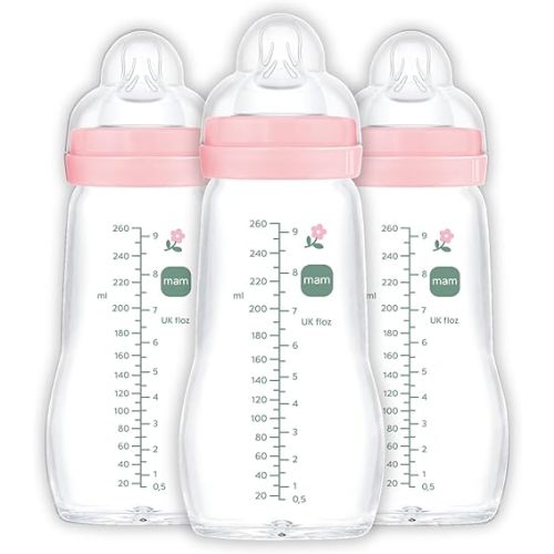 MAM Premium Glass Baby Bottles, Easy Switch Between Breast and Bottle, Feel Good Medium Flow, Newborn Essentials Must Have, 2+ Months, BPA Free, 9oz, Girl, 3 Pack