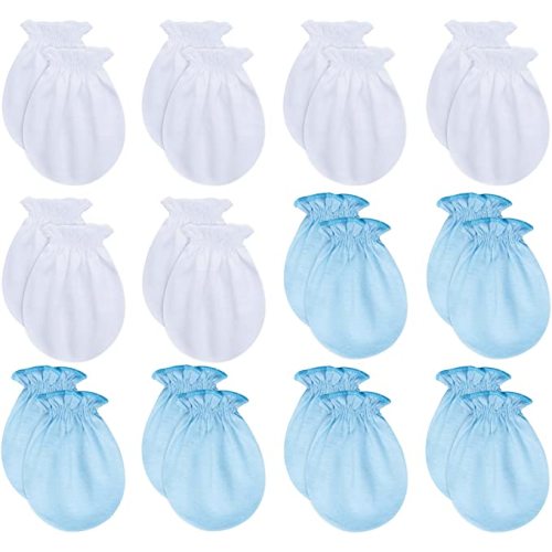 RATIVE No Scratch Mittens 100% Cotton for Newborn Baby 0-6 Months Boys Girls - 6white+6blue