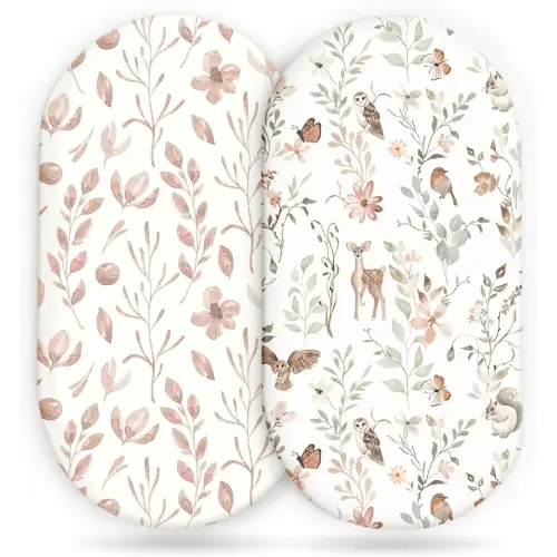 Stretchy Ultra Soft Fitted Bassinet Sheet Set 2 Pack, Universal Fit for Bassinets Baby Cradle Moses Basket Oval Rectangle Mattress Safe and Snug, Beautiful Blush Pink Floral and Cute Animals Print