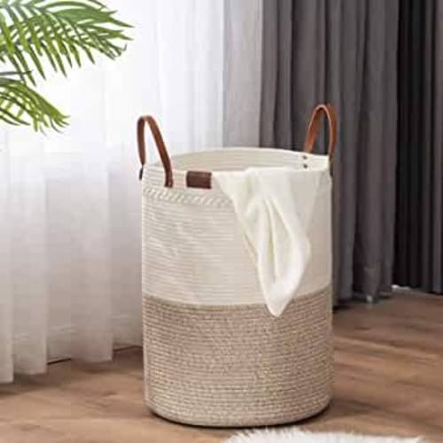 TECHMILLY Tall Laundry Basket, Large Woven Cotton Rope Dirty Clothes Hamper with Handle for Nursery, Bathroom, Bedroom-58L
