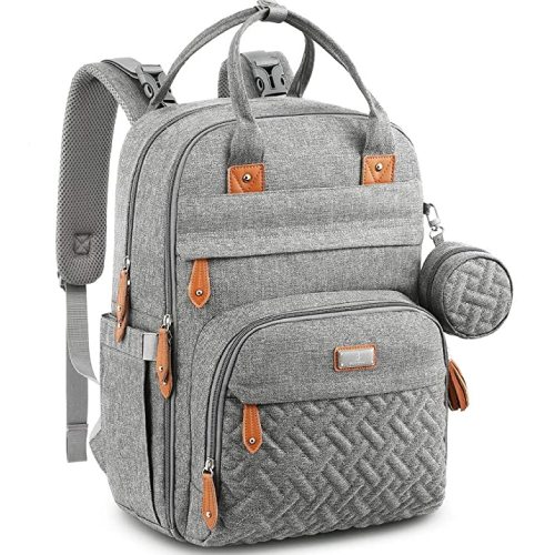 BabbleRoo Waterproof Diaper Bag Backpack - Baby Essentials Travel Tote - Multi function with Changing Pad, Stroller Straps & Pacifier Case - Unisex, Light Gray - Polyester