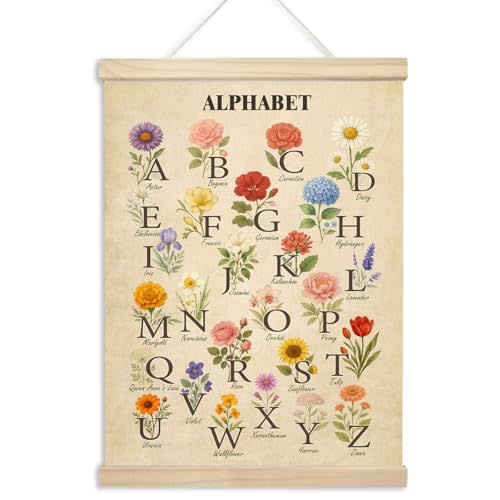 Xmsaitar Vintage Classroom Floral Alphabet Poster Hanger Frame Wall Decor, Nursery Rustic Prints for Wall Hanging Decor Art, Flower ABC Pictures Banner for Girly Toddler Room Dorm Playroom 12x16in