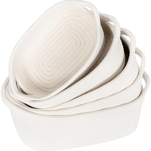 MINTWOOD Design 5 Piece Storage Basket Set for Shelves, Small Decorative Woven Basket for Organizing, Baskets for Gifts Empty, Dot and Cat Toy Basket Box, Bathroom Basket, Catch All Tray, Creamy White
