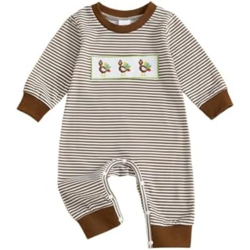 Newborn Baby Boy Thanksgiving Outfit Turkey Embroidery Long Sleeve Romper Jumpsuit Striped Fall Clothes