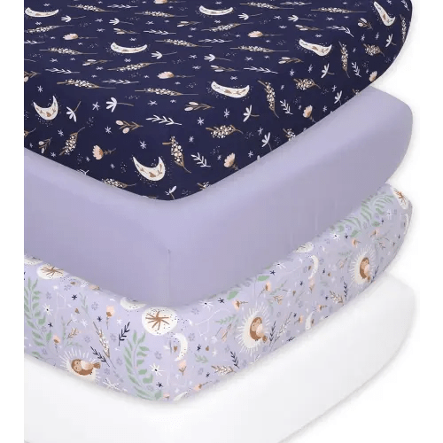The Peanutshell Baby Girl Crib Sheets, Fitted Baby Sheets for Girls, Fits Standard Size Crib Mattress, 52x28, Floral Moon Celestial Nursery Decor, 4 Pack in Lavender, Purple, Cream, Navy, Pink