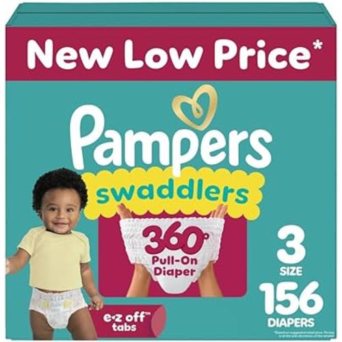 Pampers Diapers - Swaddlers 360° - Size 3, 156 Count, up to 100% Leakproof Comfy Dry Fit, Designed for Easy Changes, Pull On Baby Diaper (Packaging May Vary)