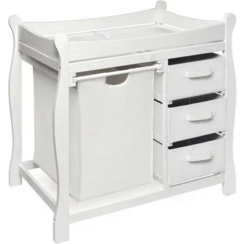 Badger Basket Sleigh Style Baby Changing Table with Laundry Hamper and 3 Storage Drawers - white