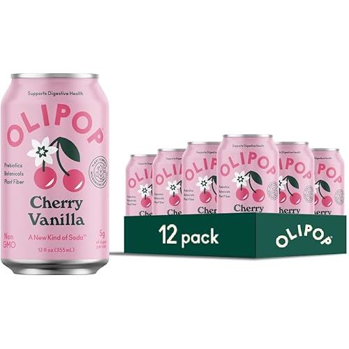 OLIPOP Prebiotic Soda Pop, Cherry Vanilla, A New Kind of Soda Packed with Prebiotics, Fiber, and Botanicals, Gluten Free, Vegan, GMO Free, 12oz (12-Cans)
