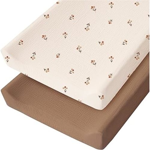 Konssy 2 Pack Muslin Changing Pad Cover for Baby Girls Boys 100% Cotton Fitted Diaper Changing Table Cover Set, Soft Changing Pad Sheets (Brown,Berry)