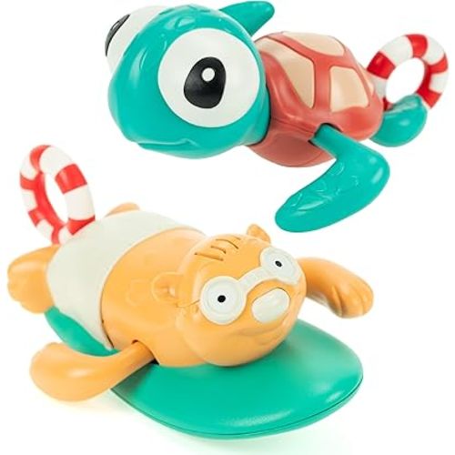 DUCKBOXX XX Pull-String Wind-up Swimming Beach Buddy Bath Toys, No Battery Mold-Free Anti-Rust Interactive Montessori Toy for Kids (Turtle & Beaver -- 2pcs)