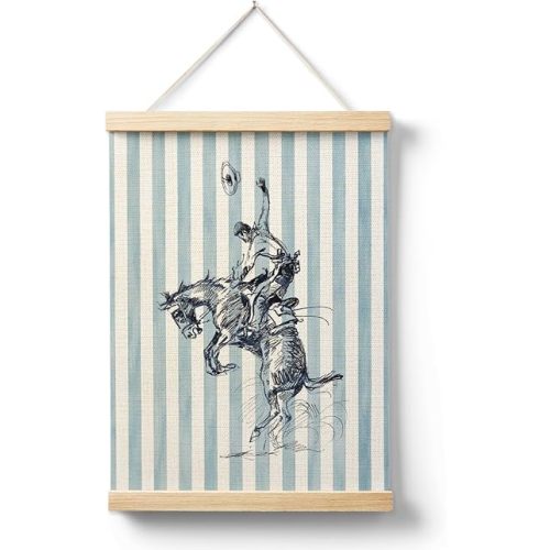 AQYIP Coastal Cowboy Wall Art Decor, Western Nursery Decor, Preppy Western Rodeo Blue Striped Poster Canvas Prints for Kids Toddler Boys Bedroom Room Wall Decoration, 12x16 Inch