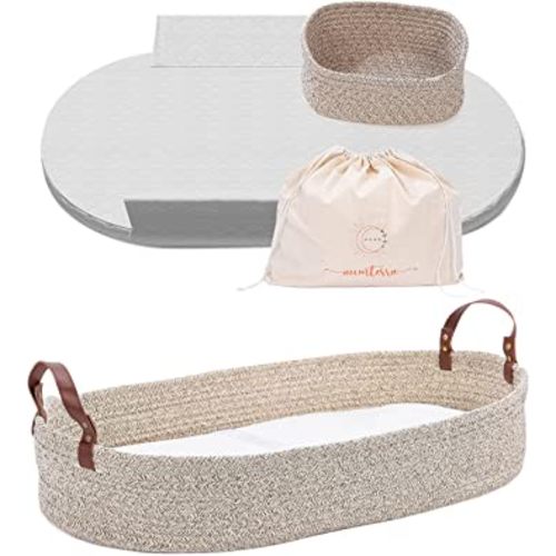 Baby Changing Basket with New and Improved Pad Design, Waterproof Cover, Safety Straps and Diaper Caddy - Baby Moses Baskets / Boho Baby