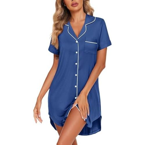 Ekouaer Womens Cotton Nightgowns Button Down Sleep Shirts Soft Night Shirts Night Dress
