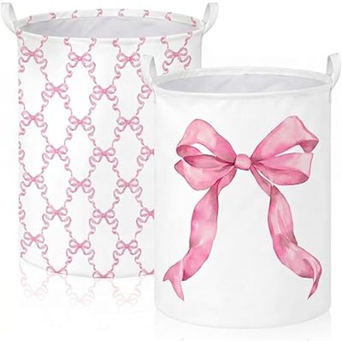 2 Pcs Pink Bow Laundry Hamper Basket Large 19.7x14.6 Inch Round Collapsible Bow Toy Storage Organizer Bin with Waterproof Layer for Closet Bedroom Playroom Nursery Toy Dirty Cloth