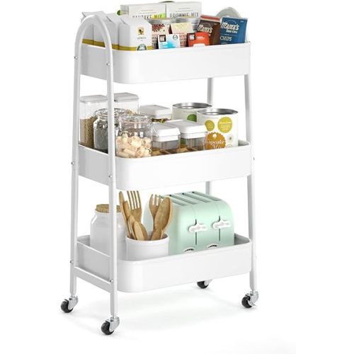 EAGMAK 3 Tier Utility Rolling Cart, Metal Storage Cart with Handle and Lockable Wheels, Multifunctional Storage Organizer Trolley with Mesh Baskets for Kitchen, Living Room, Office, Garage (White)