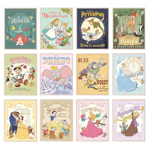 BigWig Prints Disney Wall Art - Disney Posters, Princess Wall Art, Nursery Decor, Disneyland Poster, Princess Room Decor Nursery Artwork, Vintage Gifts Bambi Cinderella - Unframed Set Of 12 (8x10)