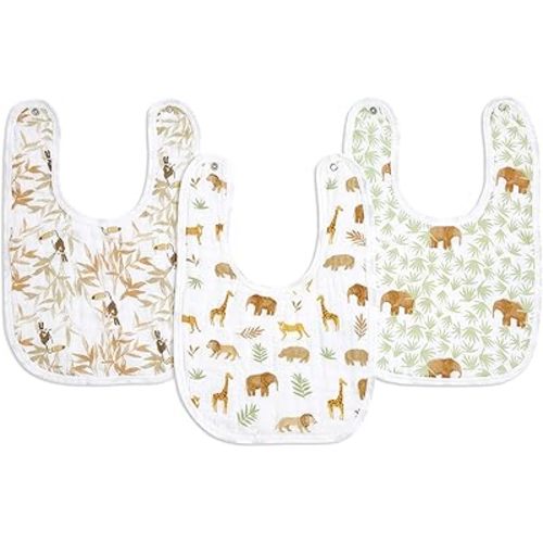 aden + anais Essentials Baby Bibs Soft & Absorbent 100% Muslin Cotton Adjustable Snap Bibs Set for Boys and Girls, 3 Pack, Tanzania