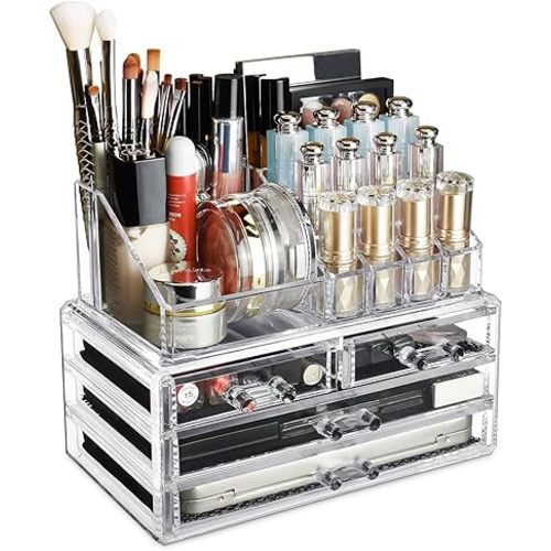 Ikee Design Acrylic Makeup Organizer with 4 Drawers and Removable Top Lipstick Holders, Ideal for Make-up or Accessories,Enhance Your Vanity or Bathroom with Clear Design for Quick Visibility