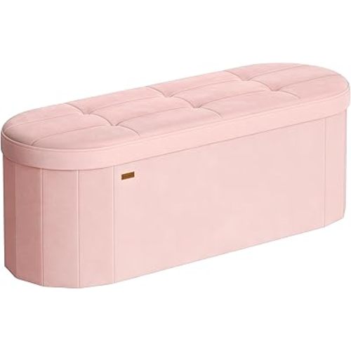 SONGMICS Mazie Collection - Folding Ottoman with Storage, Oval Storage Ottoman Bench, for Living Room, Bedroom, Velvet Fabric, 15 x 43 x 15 Inches, Jelly Pink ULSF297SA01