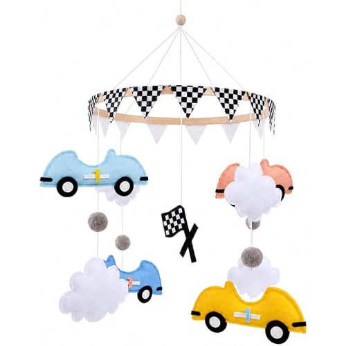 Baby Crib Mobile for Nursery Decor - Hanging Racer Car Themed Cot Mobiles for Boys & Girls Newborn Bassinet Accessories, Wooden Style Race Truck Hanging Toys for Baby Room Bedroom Decoration