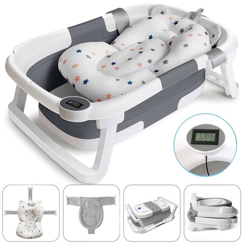 TOPCHANCES Folding Baby Bathtub, Travel Bathtub Newborn Bath Tub with Bath Cushion & Bath Net for Infants to Toddler, Grey