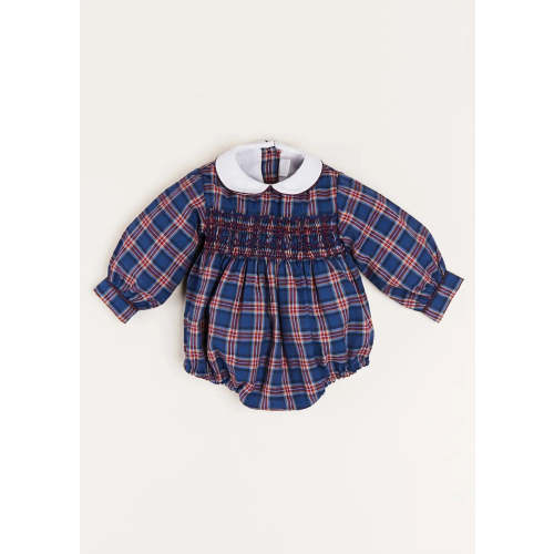 Eaton Check Hand Smocked Romper in Navy 9 mo