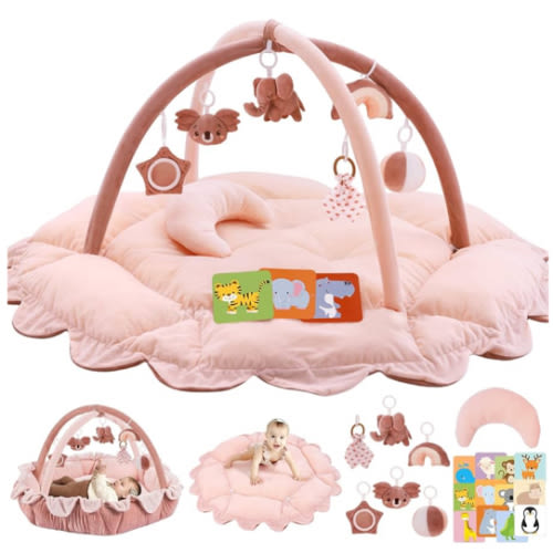 5-in-1 Plush Baby Play Gym, Baby Play Mats, Convertible Baby Gym with Pillow, Tummy time mat, 6 Sensory Toys, Baby Activity Center from Newborn to Toddler, Pet Bed, Cat & Dog Bed, Ball Pit, Pink
