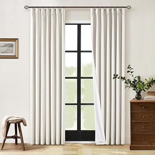 Natural Linen Pinch Pleated Curtains Blackout 100% Black Out Curtains 80 Inches Long 2 Panels Pinch Pleat Two Layer Drapes with Liner Back Tab Thermal Insulated Blackout Drapes for Bedroom Cream